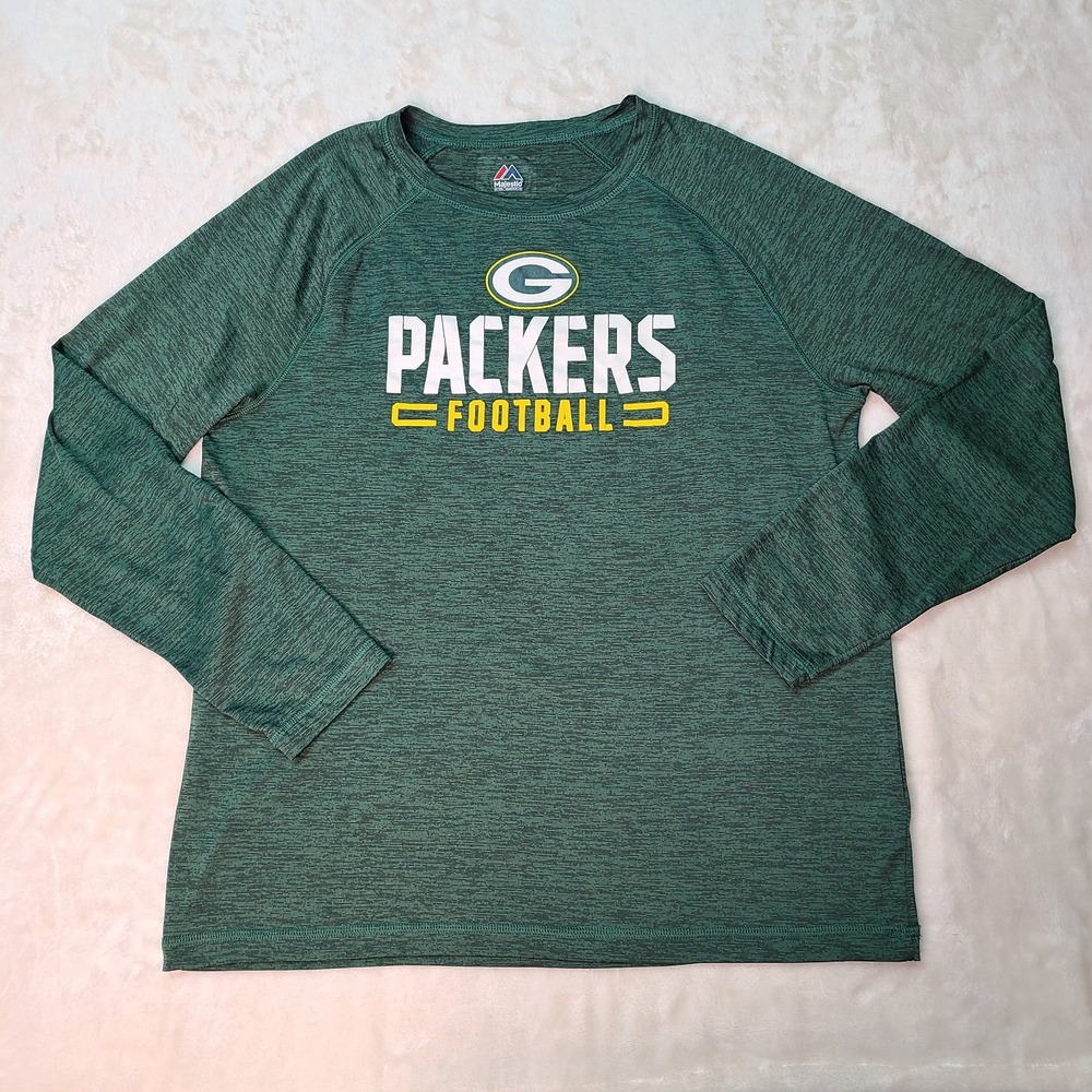 Green Bay Packers Shirt Men's L Heather Green Long Sleeve Wicking NFL Majestic